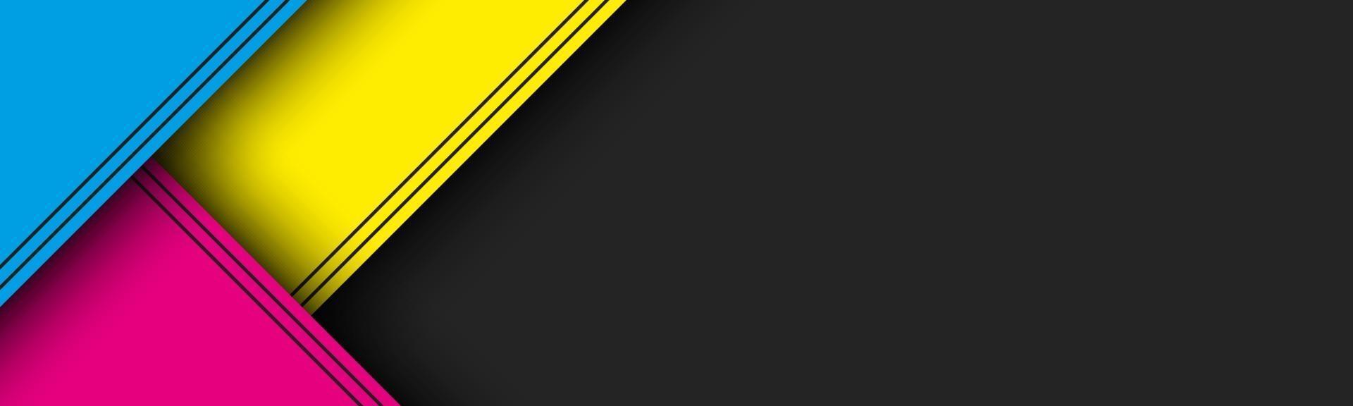 Encabezado de material moderno negro con capas superpuestas con colores CMYK. banner para su negocio. vector de fondo de pantalla panorámica abstracta