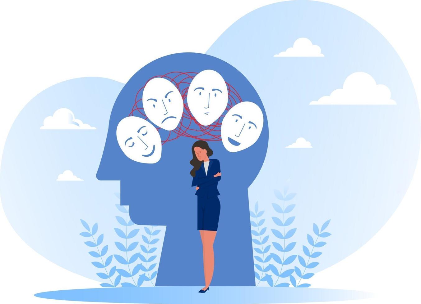 Imposter syndrome, masks with happy or sad expressions.Bipolar disorder, fake faces and emotions. Psychology, false behavior or deceiver.vector illustrator vector