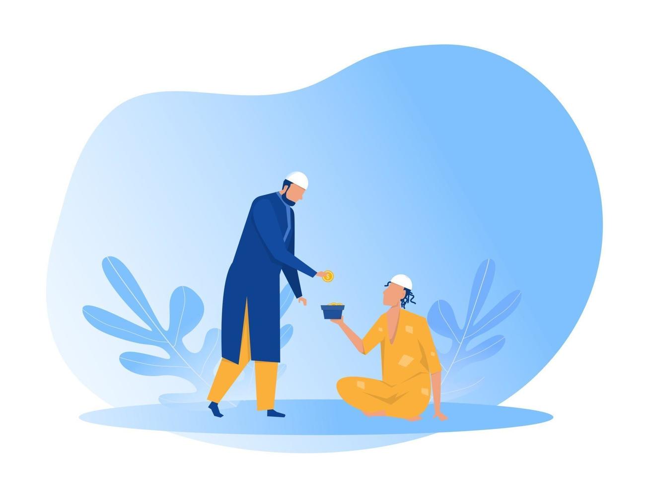 zakat de donación de hombre musulmán a los pobres pobres con ilustración del día de eid mubarak vector