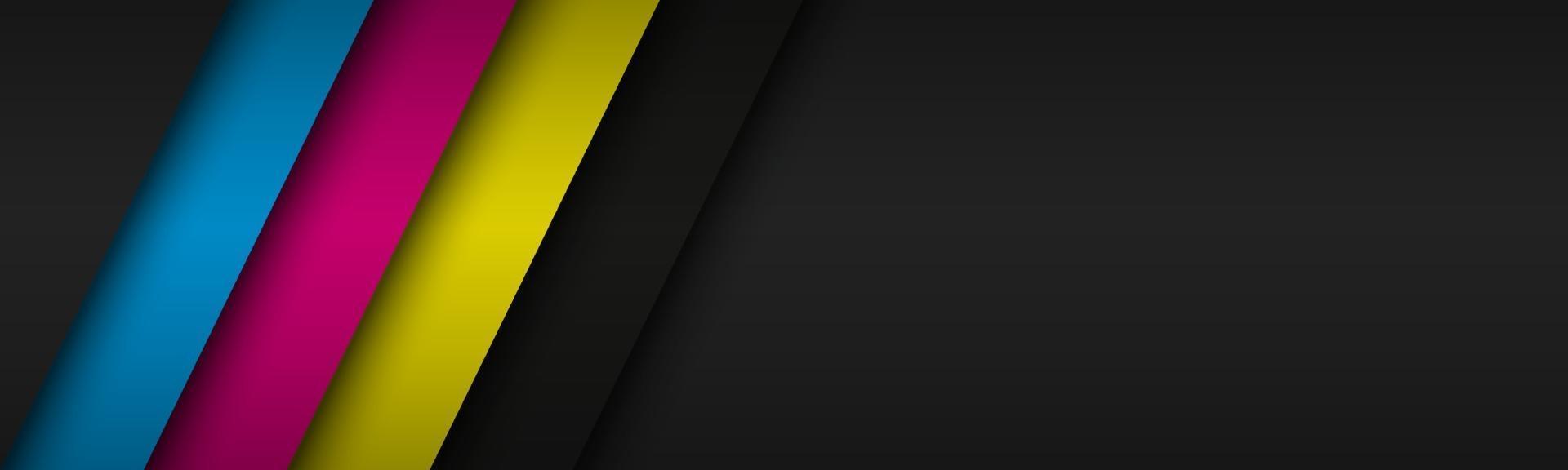 Black modern header with overlapped layers with cmyk colors. Banner for your business. Vector abstract widescreen background