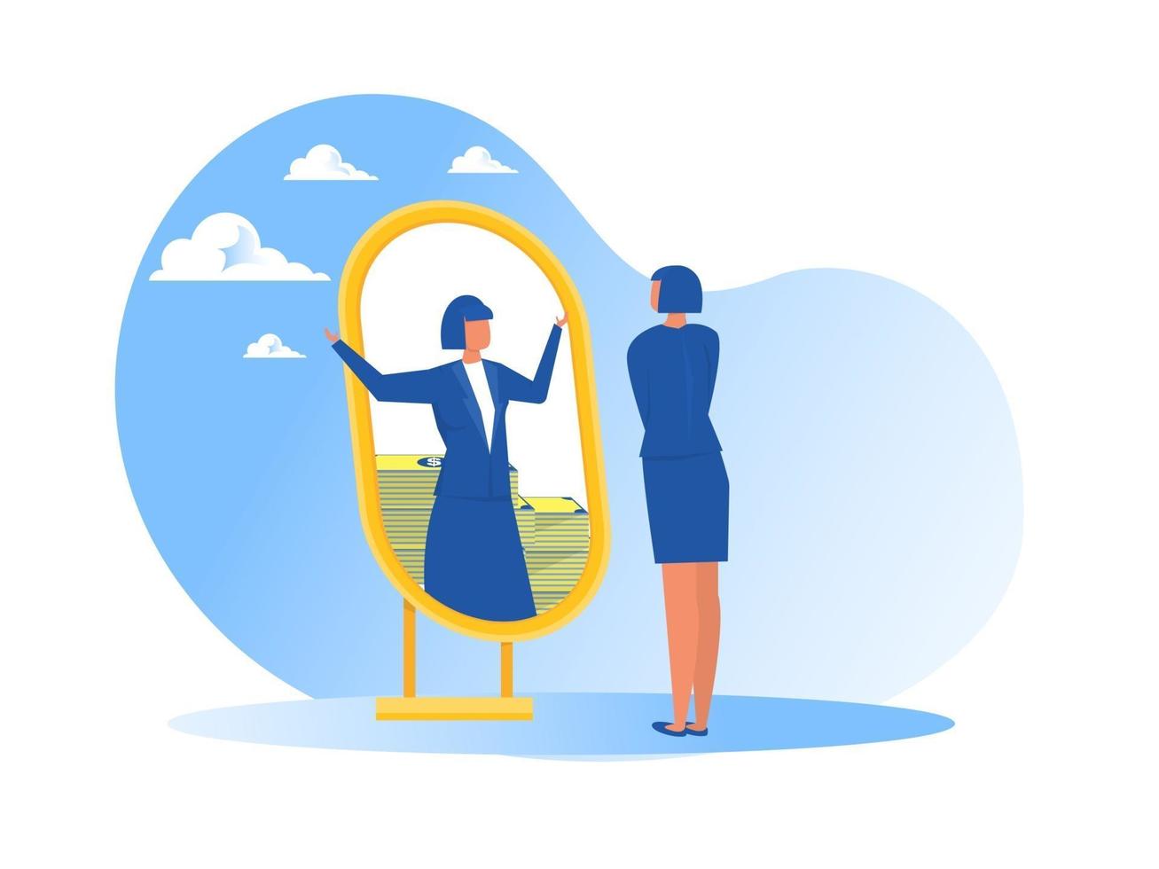 businesswoman looking at herself in mirror dreaming about money or ruch wealth  flat vector illustrator