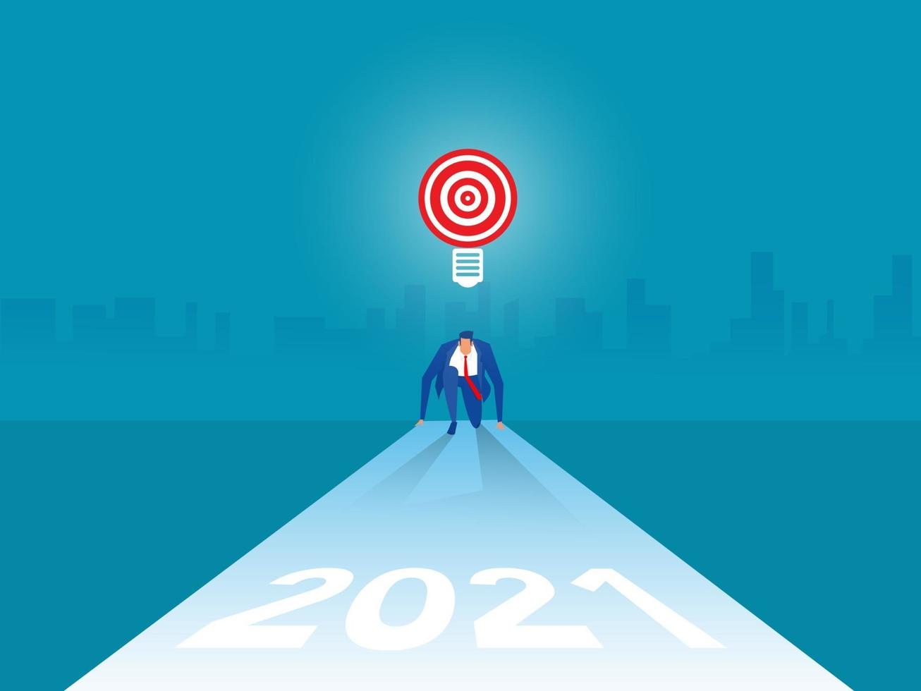 Businessman starting position and ready to New Year 2021.goals and targets vector illustration. Competition race win