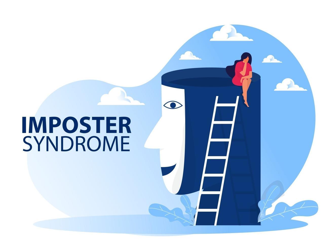 imposter syndrome, Girls with masks with happy or sad expressions. vector