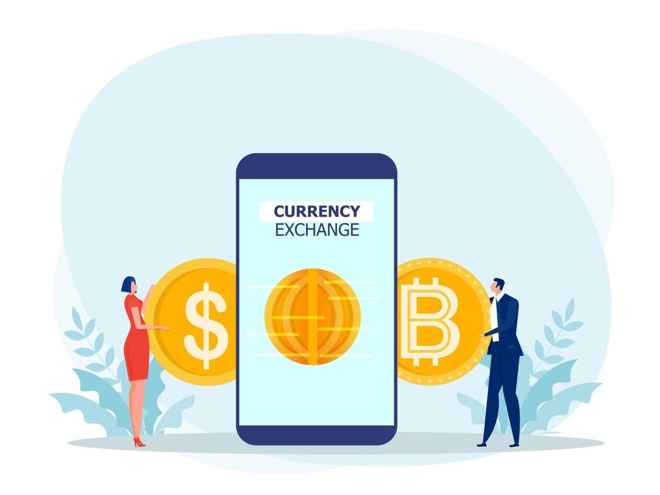 People Using a smartphone to exchange dollars for bitcoin. flat design.bitcoins, altcoins, finance, digital money market, cryptocurrency,coins Vector illustration.
