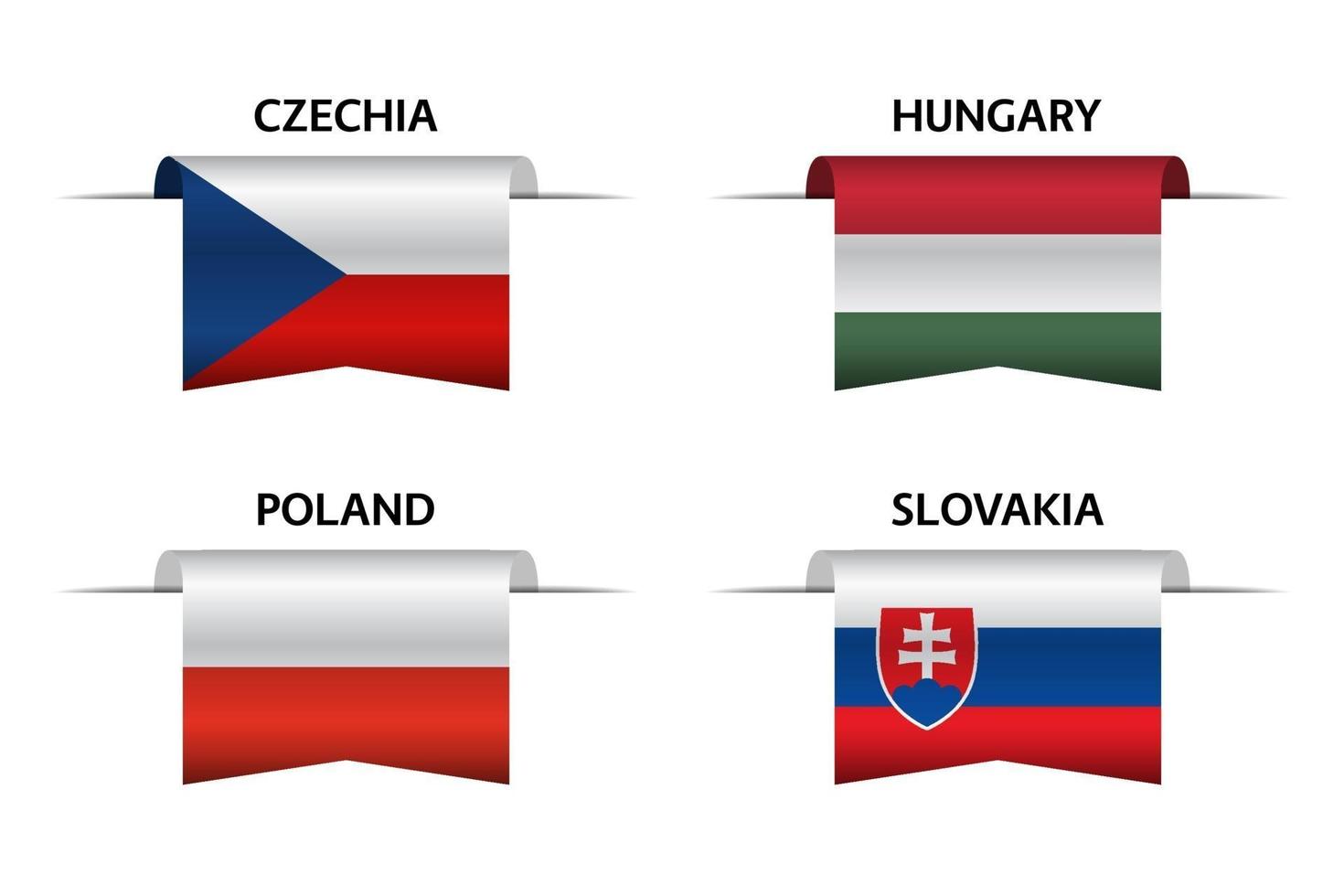 Set of four Czech, Hungarian, Polish and Slovak ribbons. Made in Czech Republic, Made in Hungary, Made in Poland and Made in Slovakia stickers and labels. Vector simple icons with flags