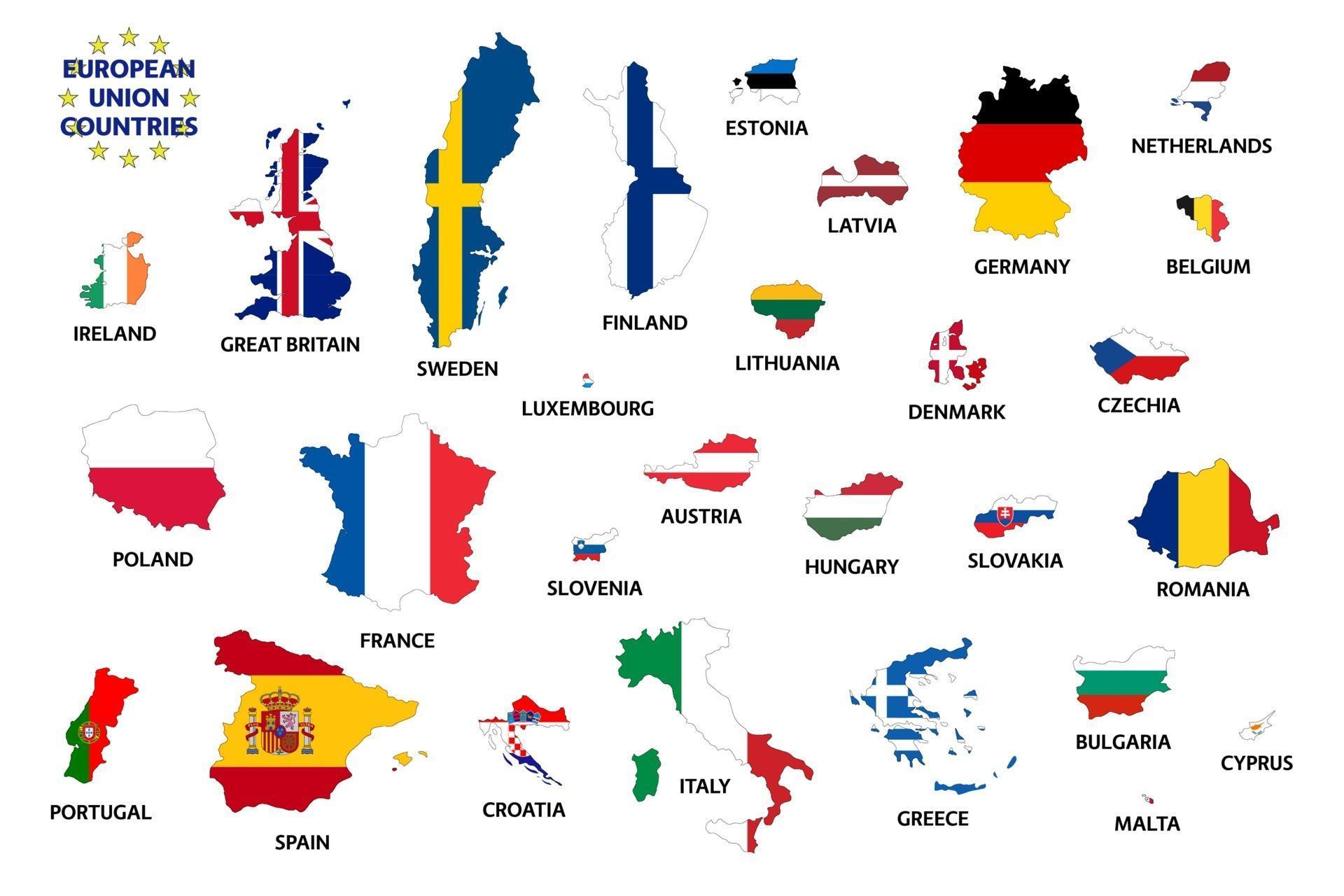 países de la unión europea con banderas antes del brexit. estados