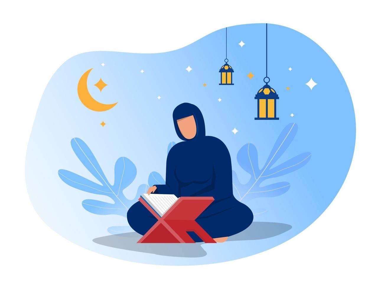 La mujer está leyendo al Corán en la noche del día de Ramadán en el ilustrador de vectores de fondo azul.