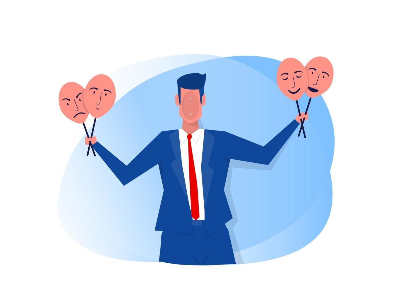 imposter syndrome, businessman trying on carnival masks with happy or sad expressions. vector