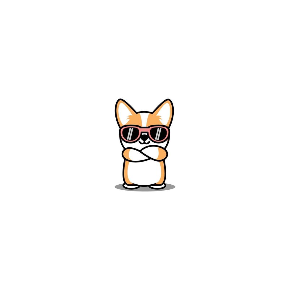 Cute welsh corgi dog with sunglasses crossing arms cartoon, vector illustration