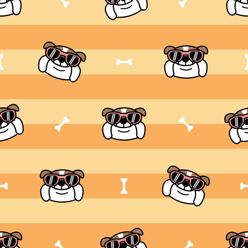 Cute english bulldog with sunglasses cartoon seamless pattern, vector illustration