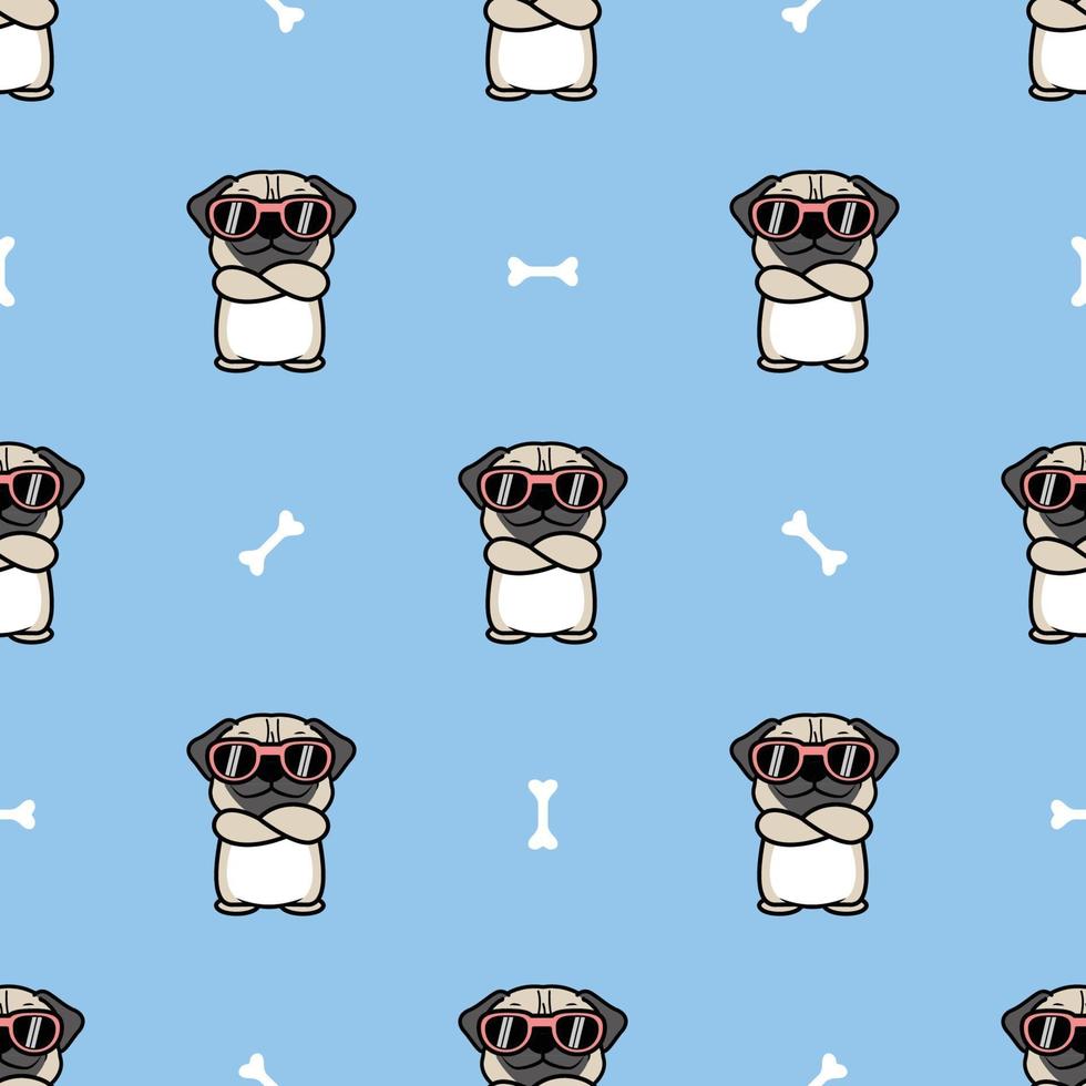 Cute pug dog with sunglasses crossing arms cartoon seamless pattern, vector illustration
