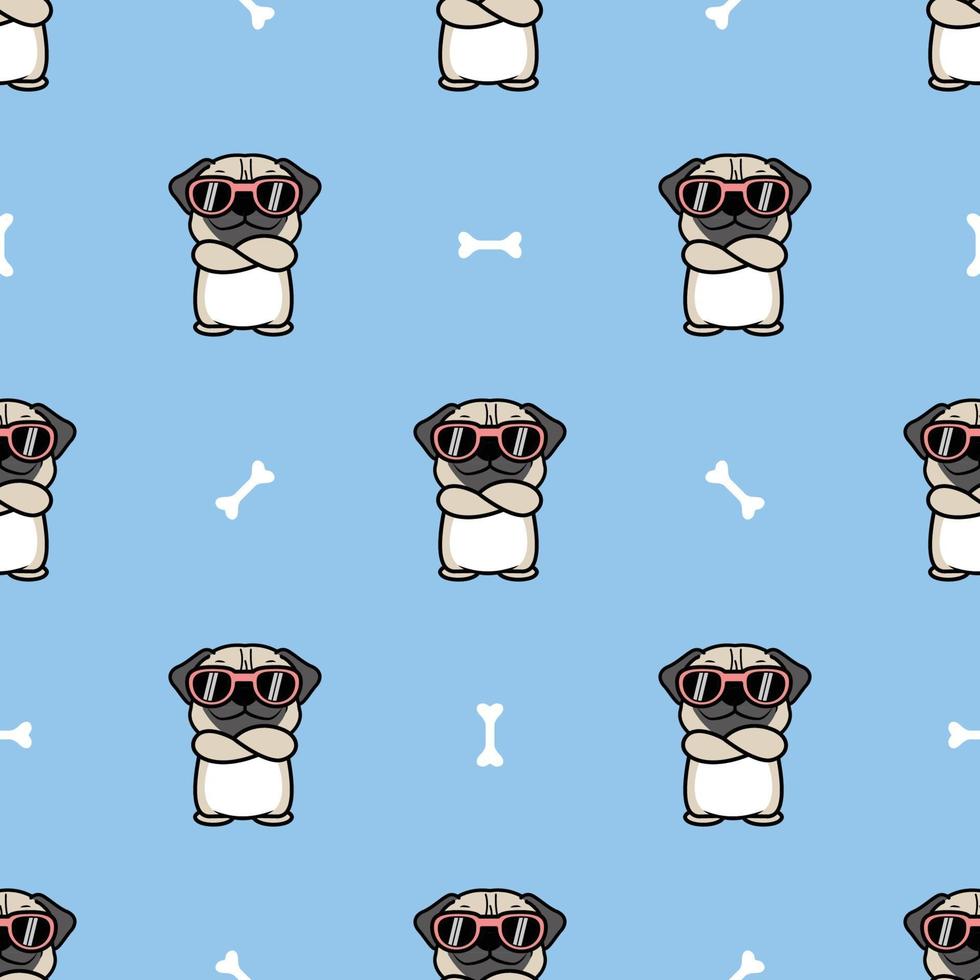 Cute pug dog with sunglasses crossing arms cartoon seamless pattern, vector illustration