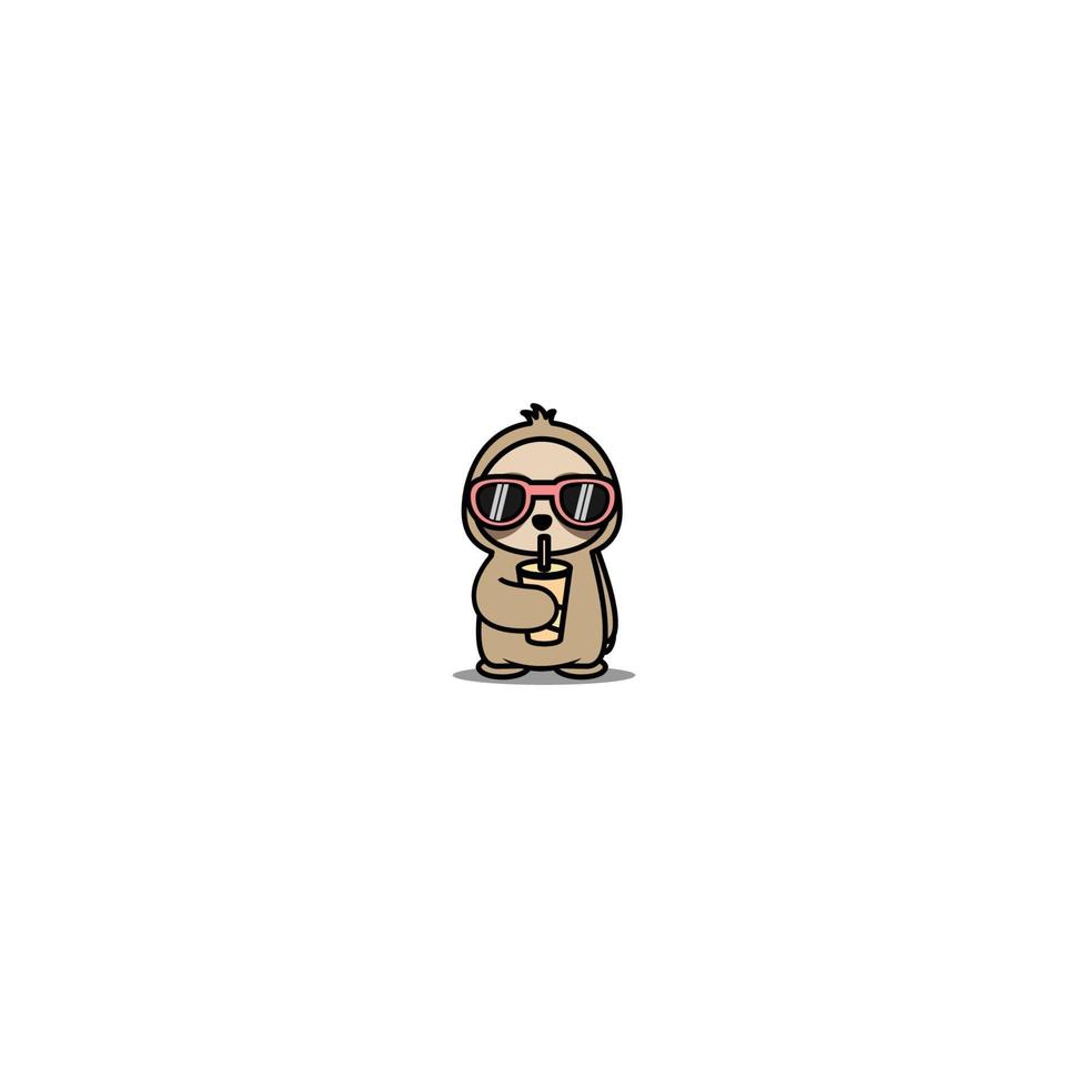 Cute sloth with sunglasses drinking water cartoon, vector illustration