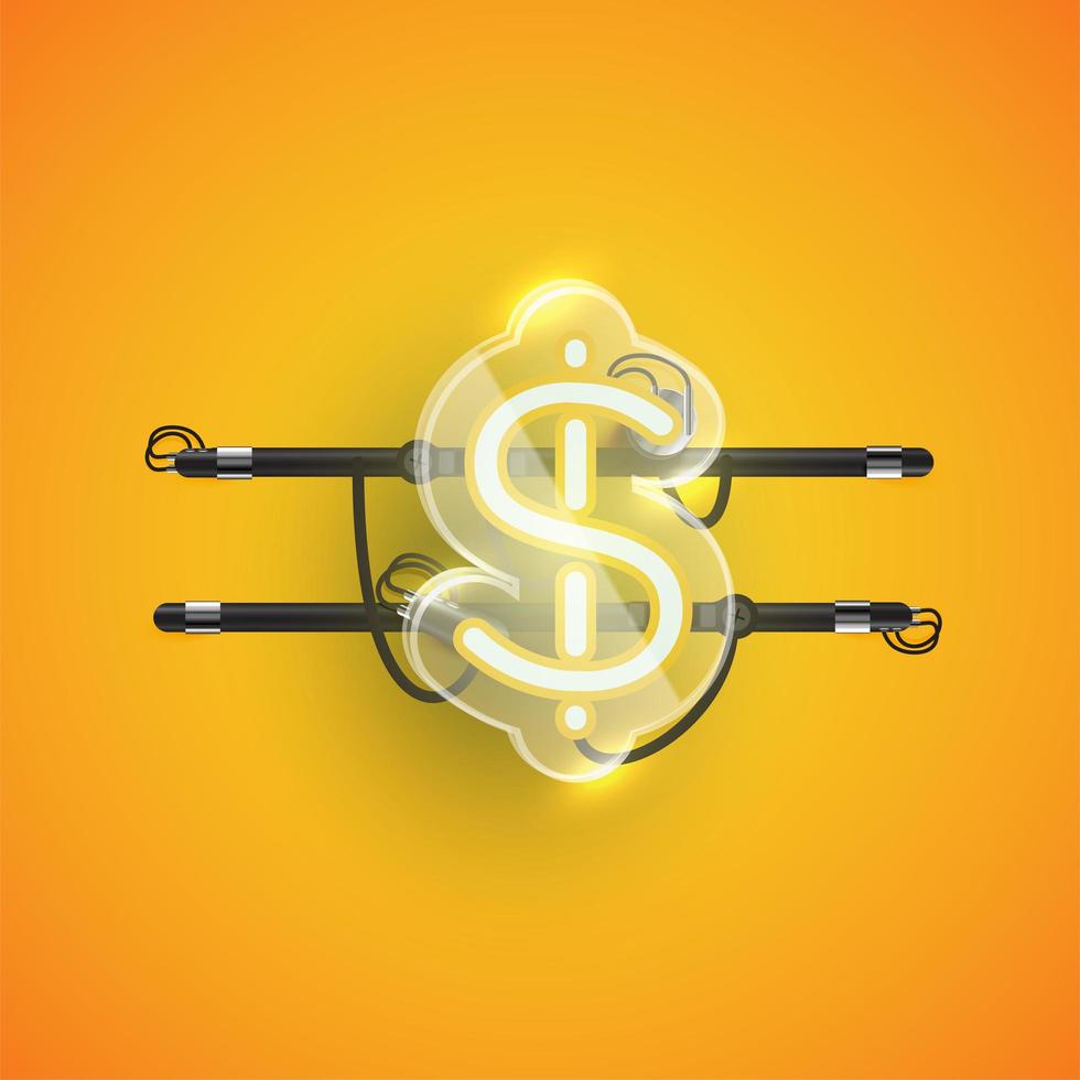 Realistic neon 'dollar sign' character with plastic case around, vector illustration