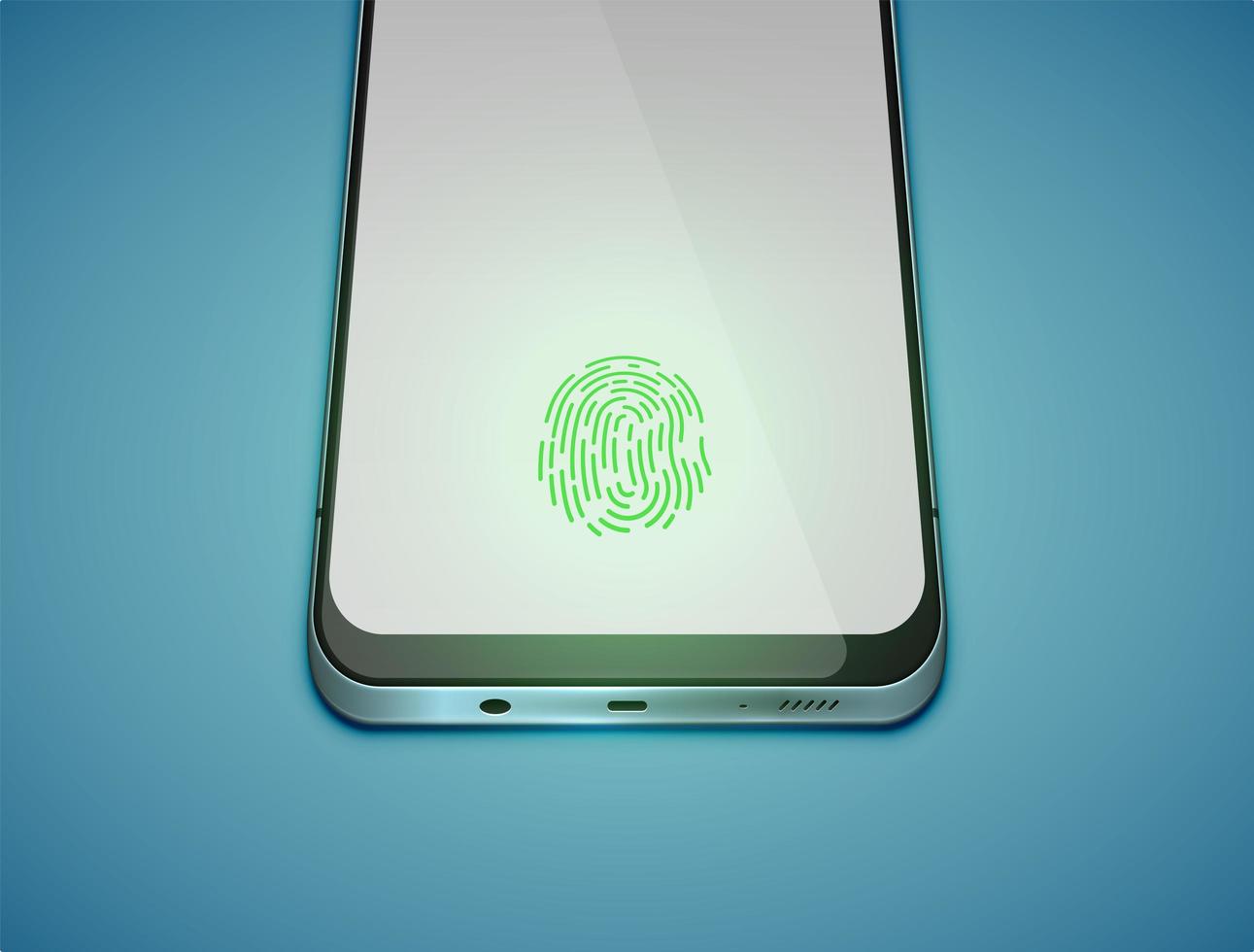 Realistic smartpgone with green fingerprint sensor on display, vector illustration