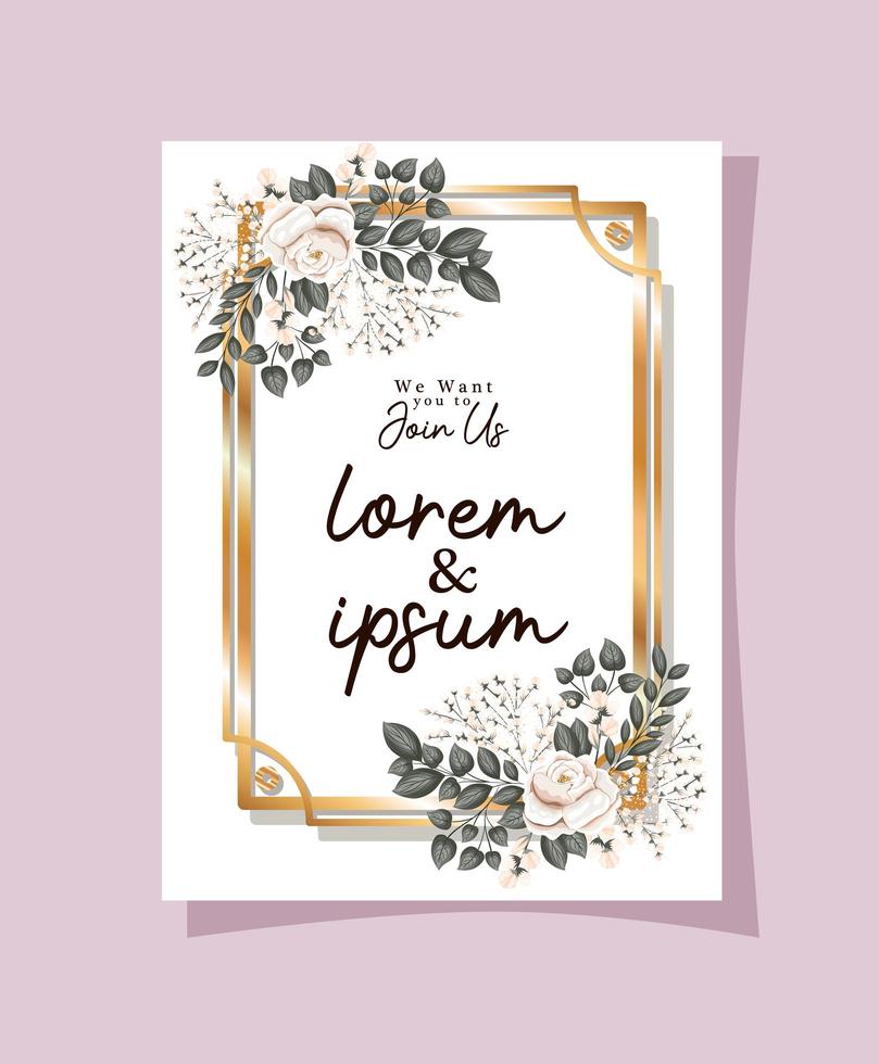 Wedding invitation with gold frame rose flowers and leaves vector design