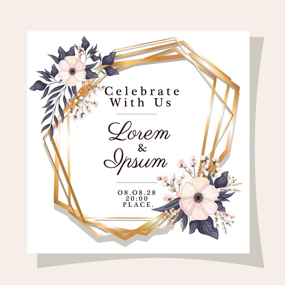 Wedding invitation with gold frame flowers and leaves vector design