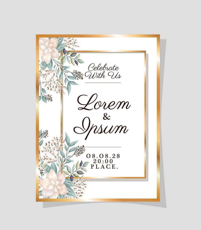 Wedding invitation with gold frame flowers and leaves vector design