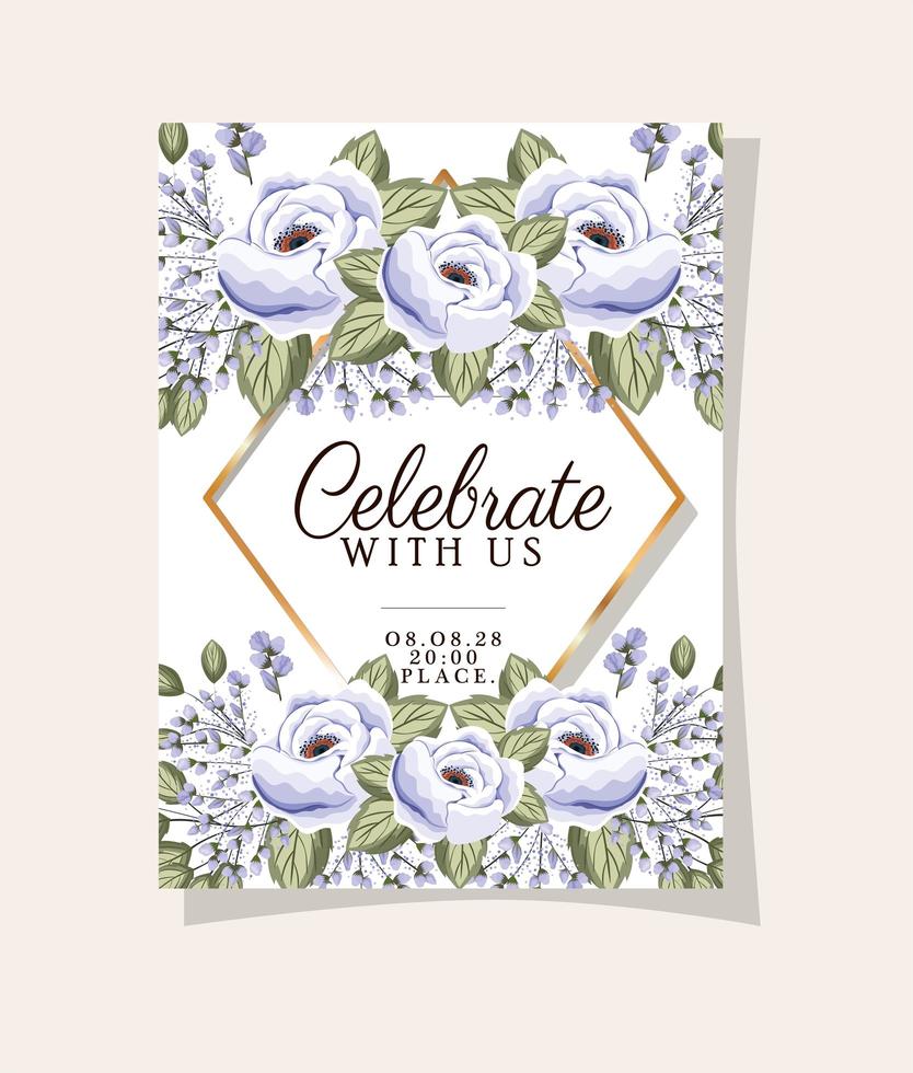 Wedding invitation with gold frame rose flowers and leaves vector design