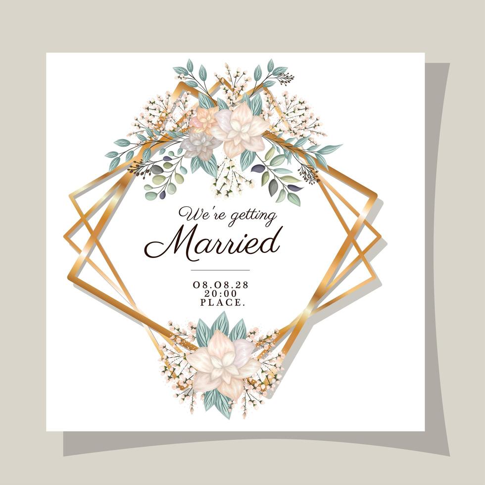 Wedding invitation with gold frame flowers and leaves vector design