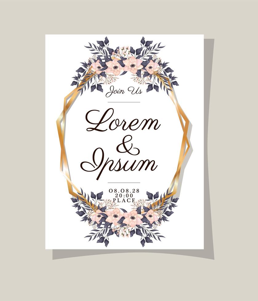 Wedding invitation with gold frame flowers and leaves vector design