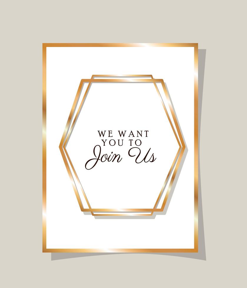 Wedding invitation with gold frame vector design