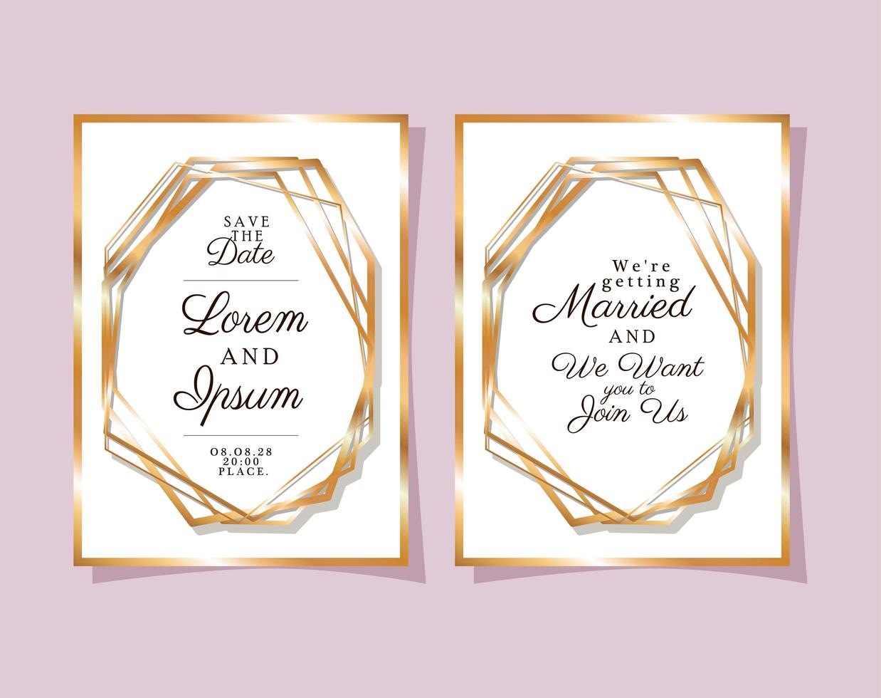 Two wedding invitations with gold frames vector design