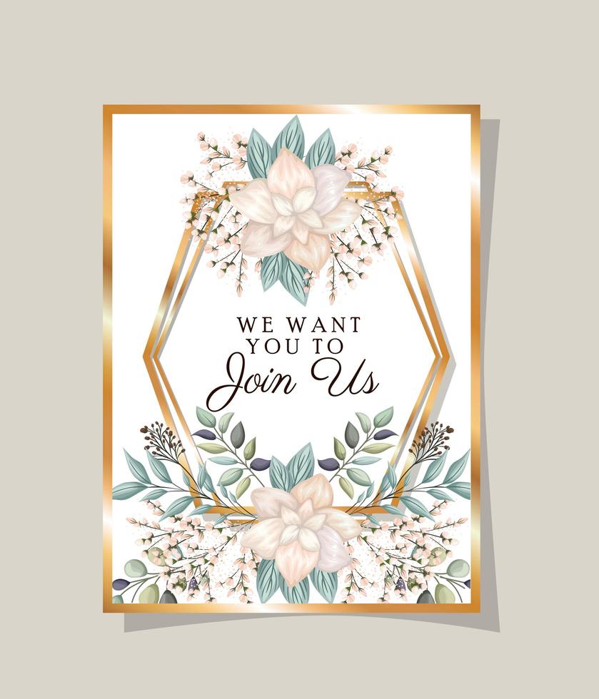 Wedding invitation with gold frame flowers and leaves vector design