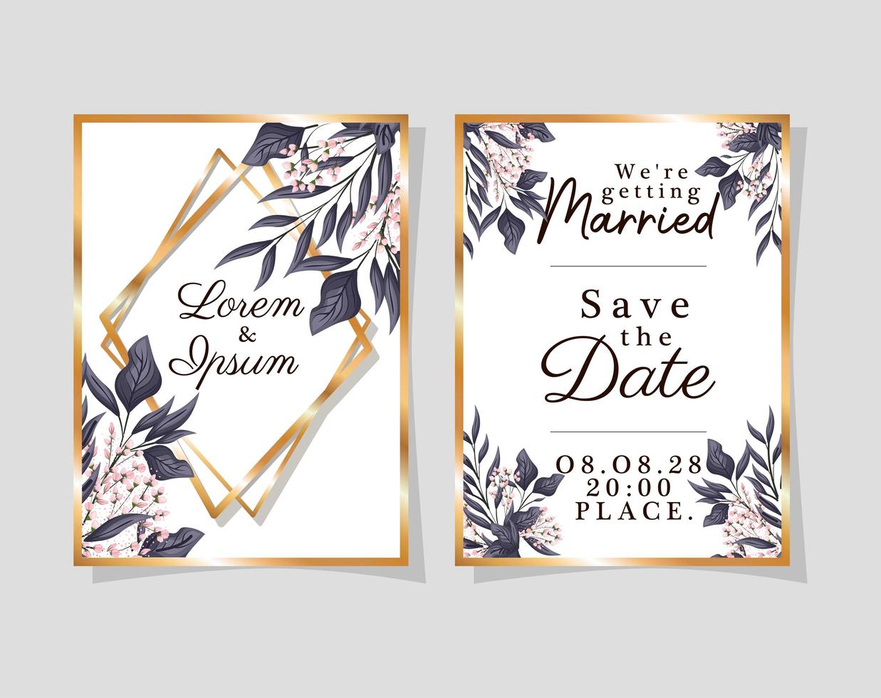 Two wedding invitations with gold frames flowers and leaves vector design