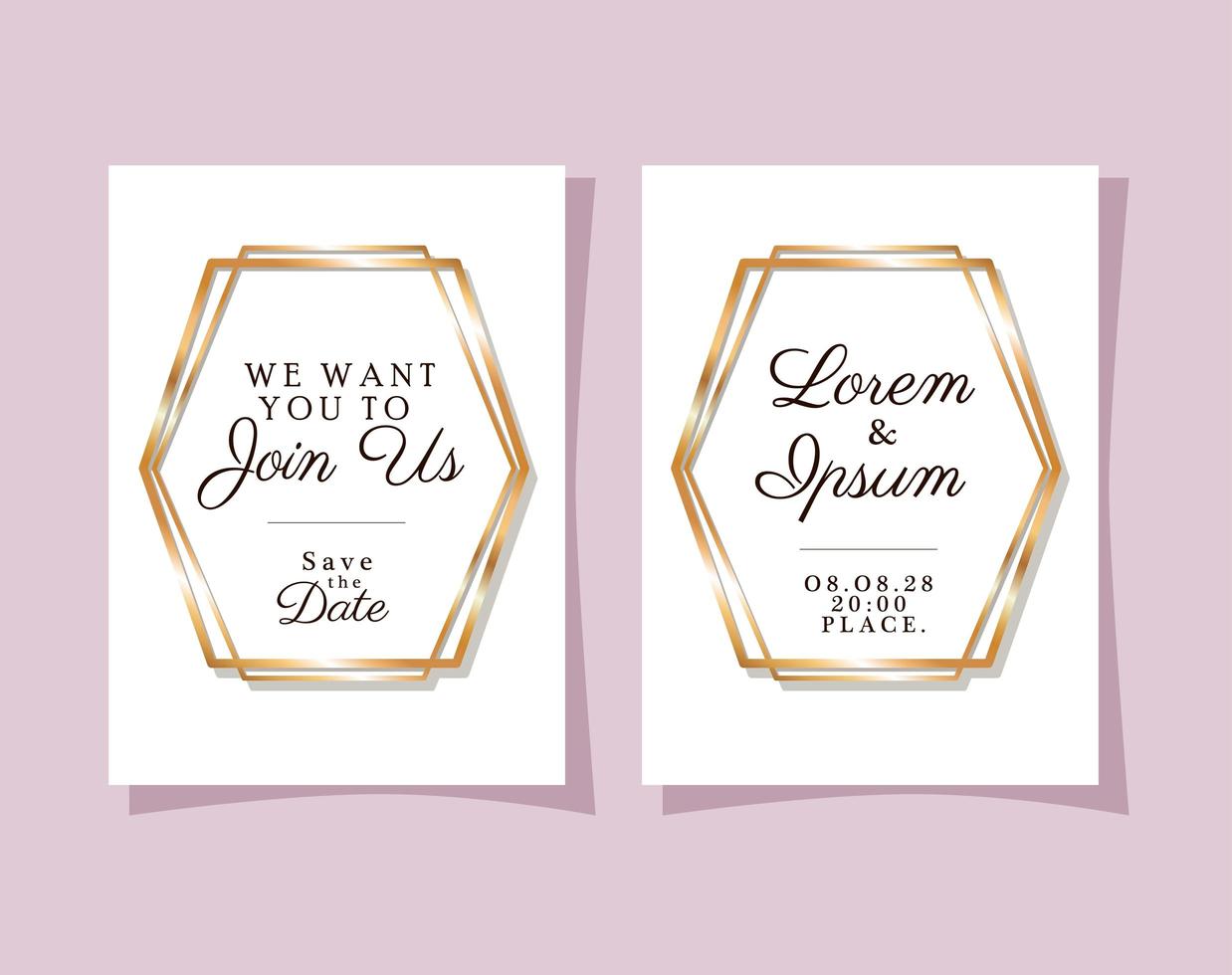 Two wedding invitations with gold frames vector design