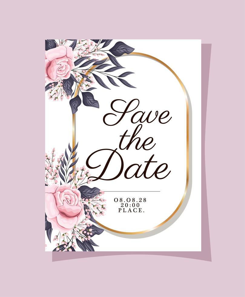 Invitación de boda con marco dorado flores rosas y hojas de diseño vectorial vector