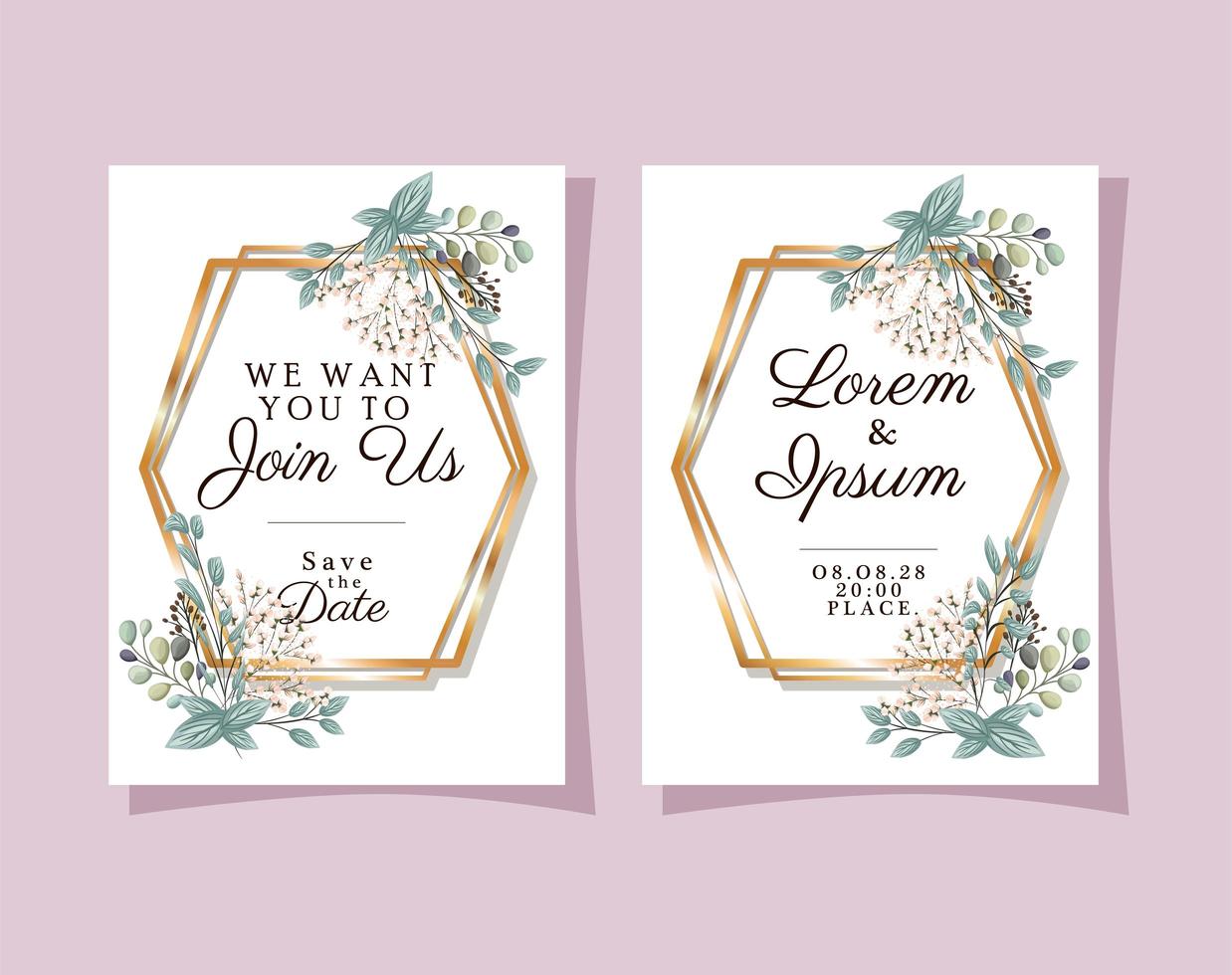 Two wedding invitations with gold frames flowers and leaves vector design