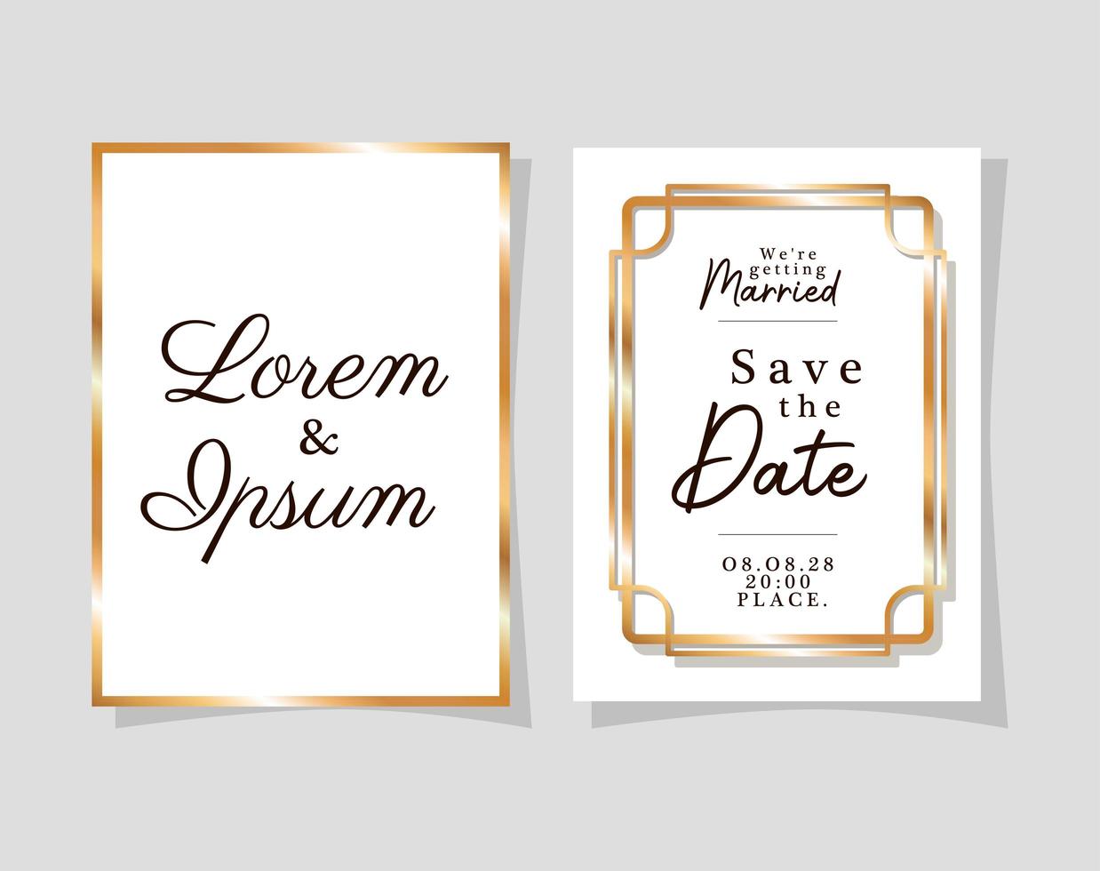 Dos invitaciones de boda con diseño de vector de marcos dorados