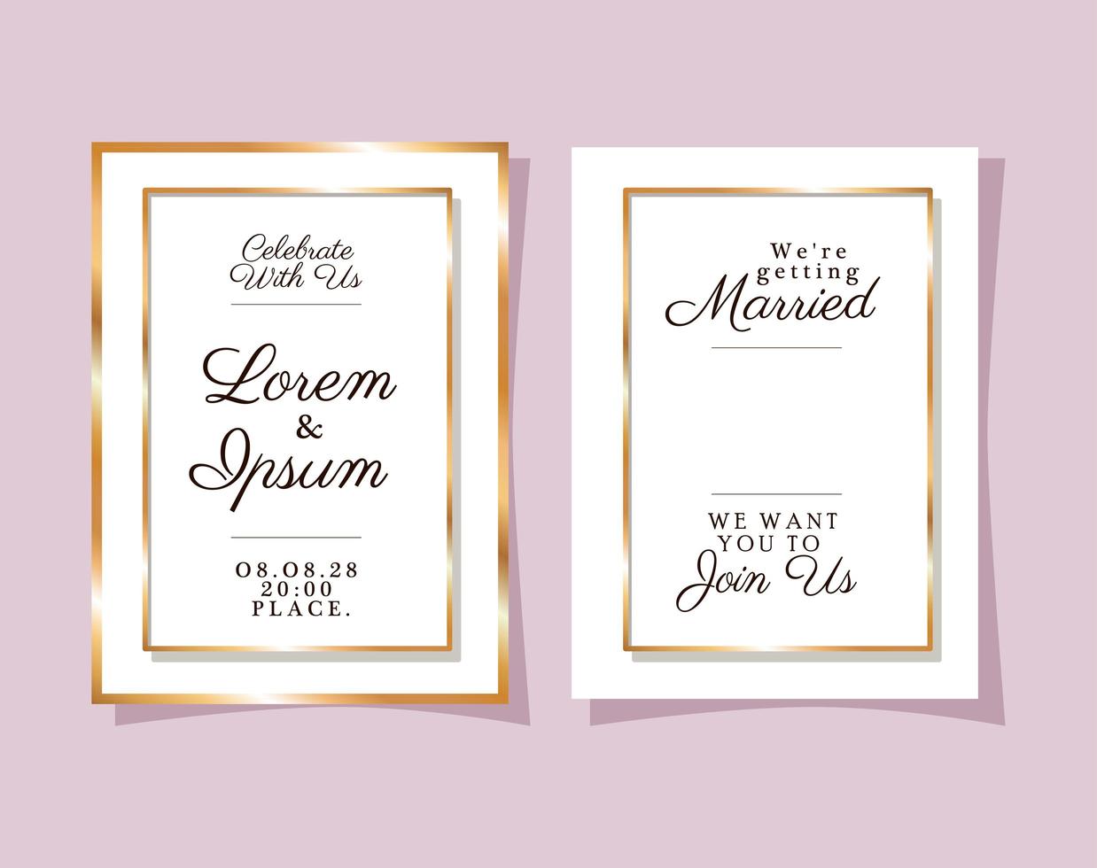 Two wedding invitations with gold frames vector design