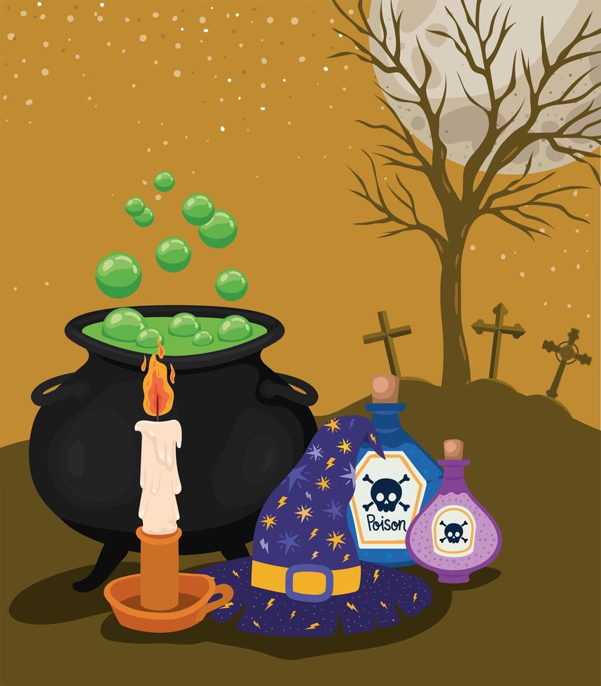 Halloween candle, poison, witch cauldron, and hat in front of cemetery vector design