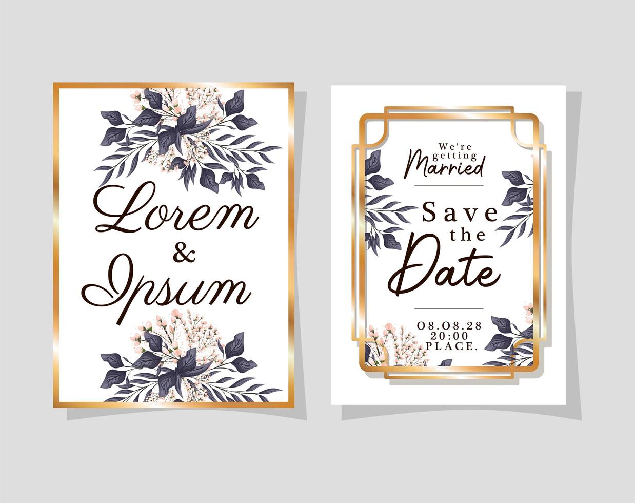 Two wedding invitations with gold frames flowers and leaves vector design