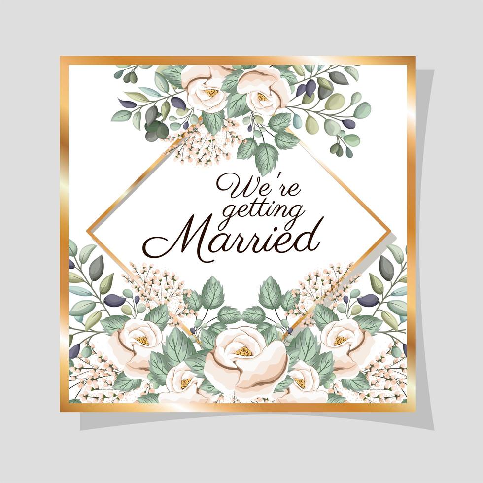 Wedding invitation with gold frame rose flowers and leaves vector design