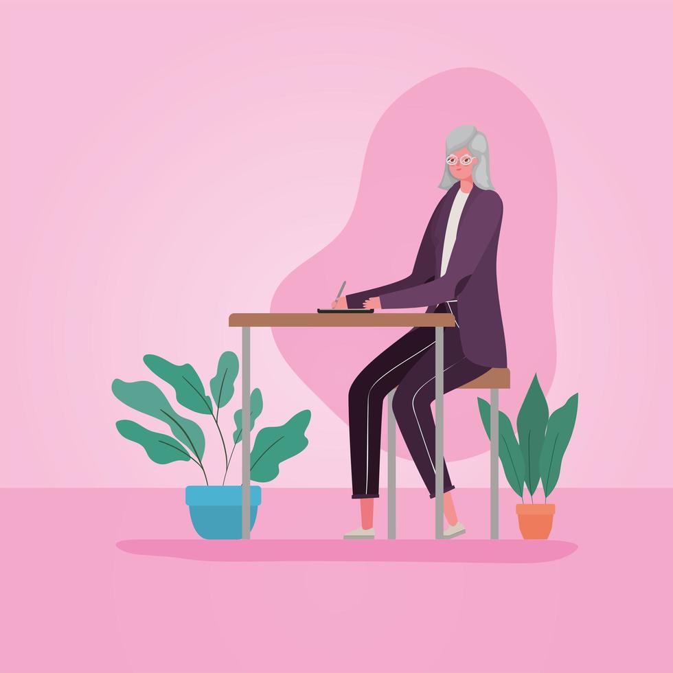 Senior citizen woman working in a desk vector