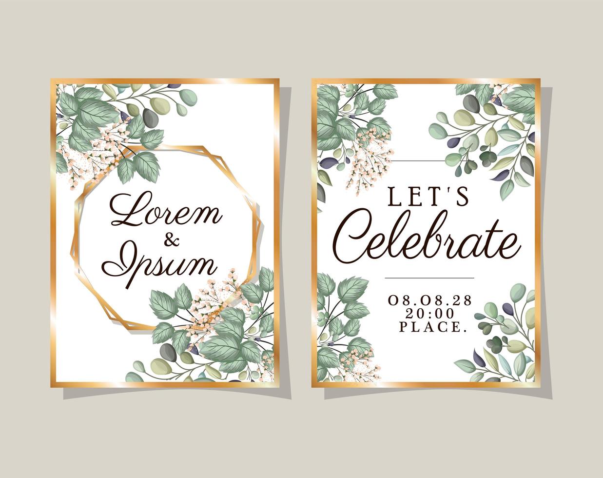 Two wedding invitations with gold frames flowers and leaves vector design