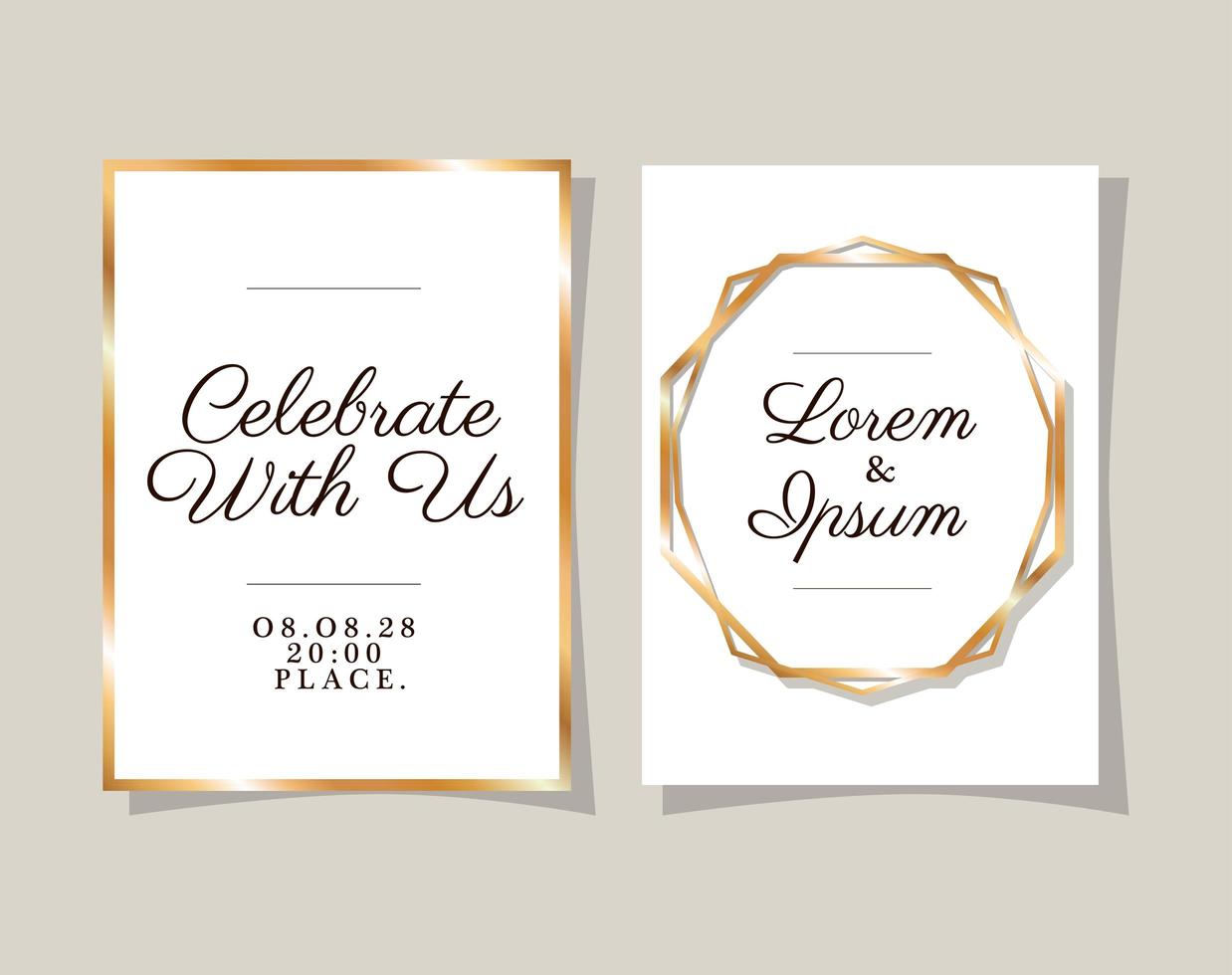 Two wedding invitations with gold frames vector design