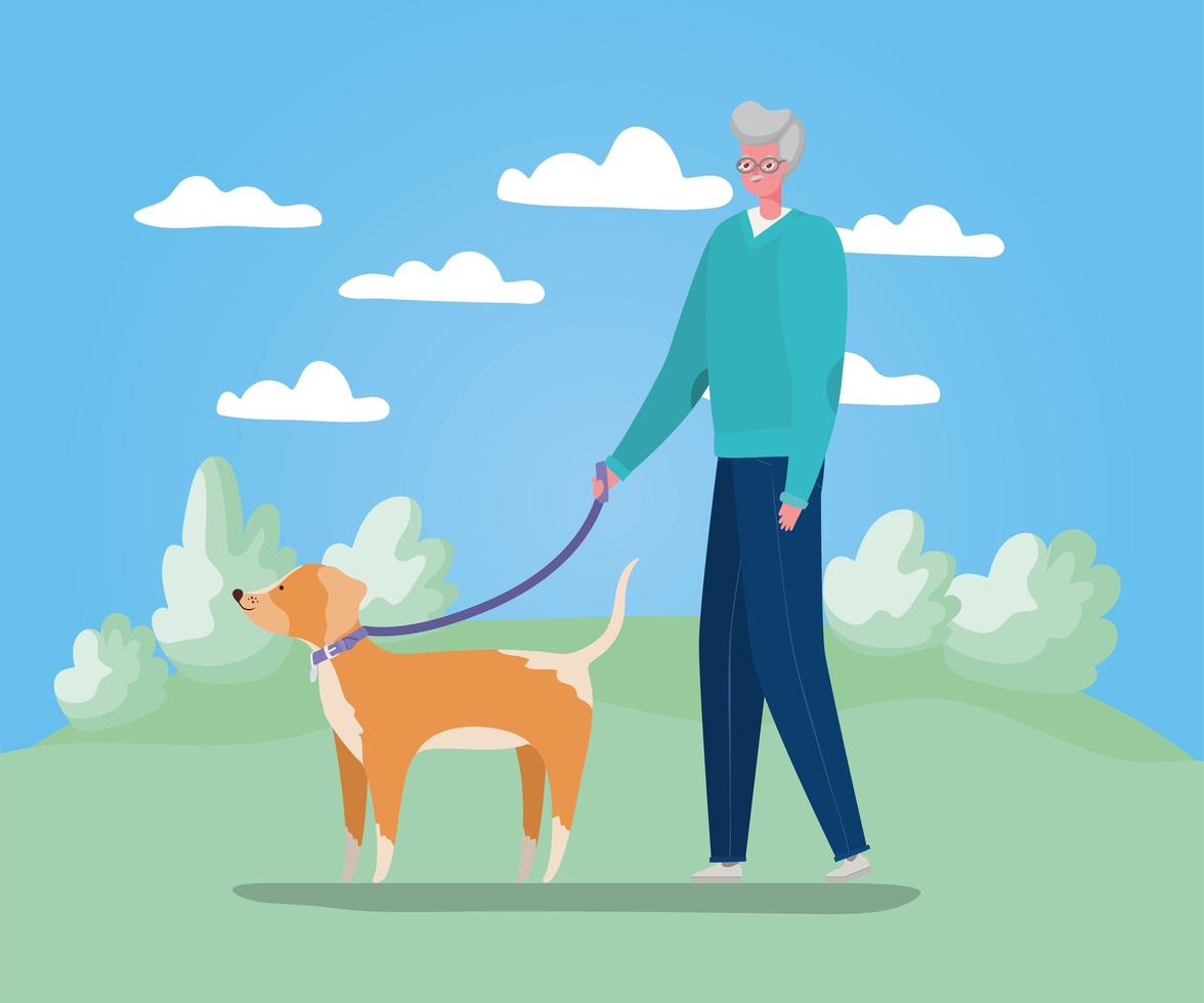 hombre anciano paseando al perro vector