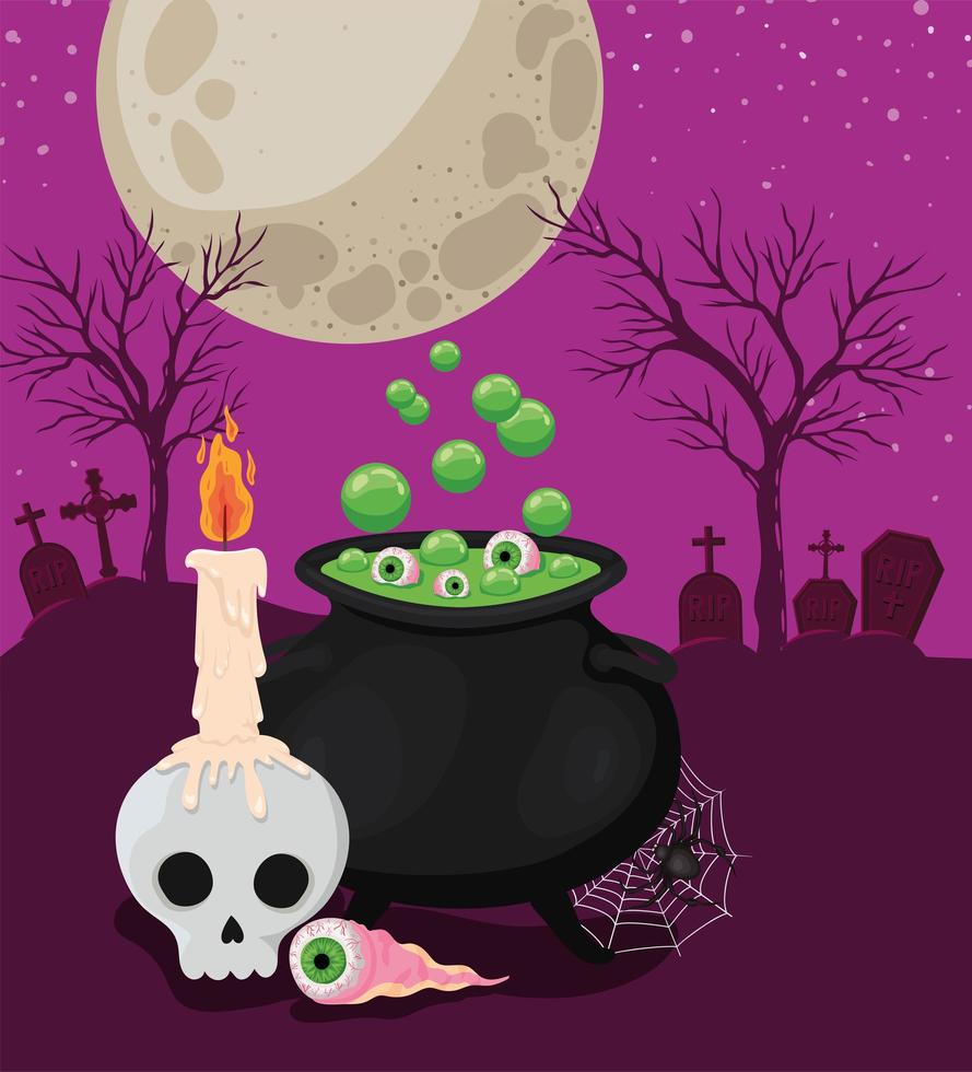 Halloween skull with candle, eye ball, and witch cauldron vector design