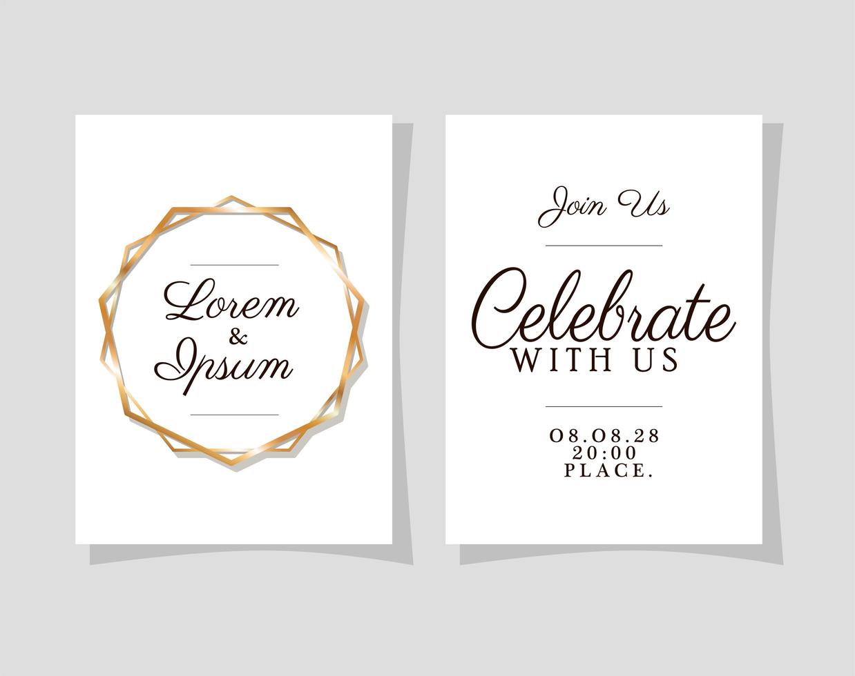 Two wedding invitations with gold frames vector design