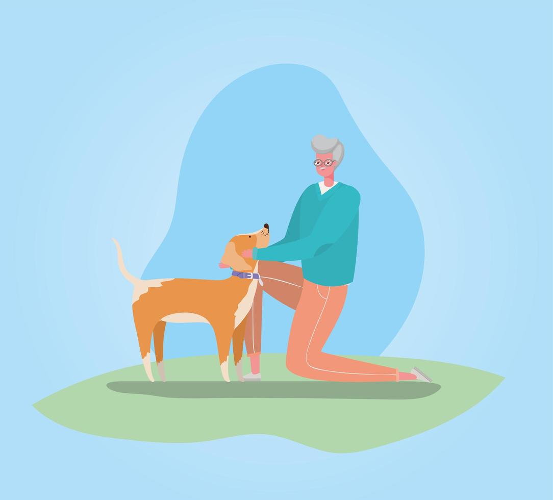 hombre anciano acariciando al perro vector