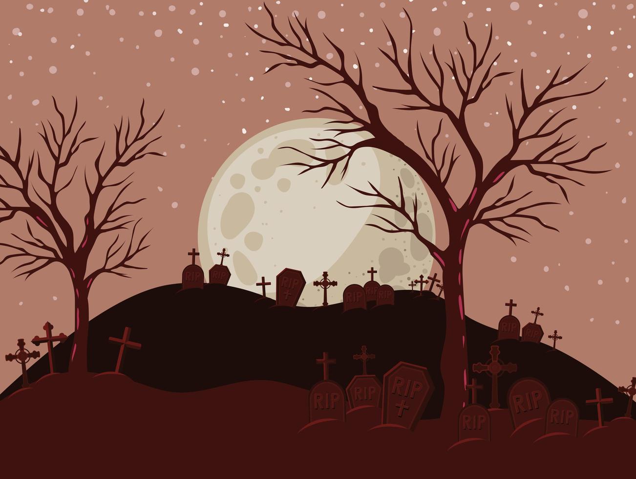 Halloween background with cemetery scene at night vector