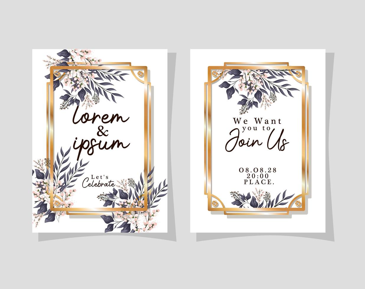 Two wedding invitations with gold frames flowers and leaves vector design