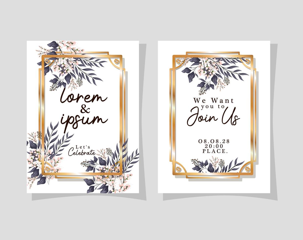 Dos invitaciones de boda con marcos dorados, flores y hojas de diseño vectorial vector