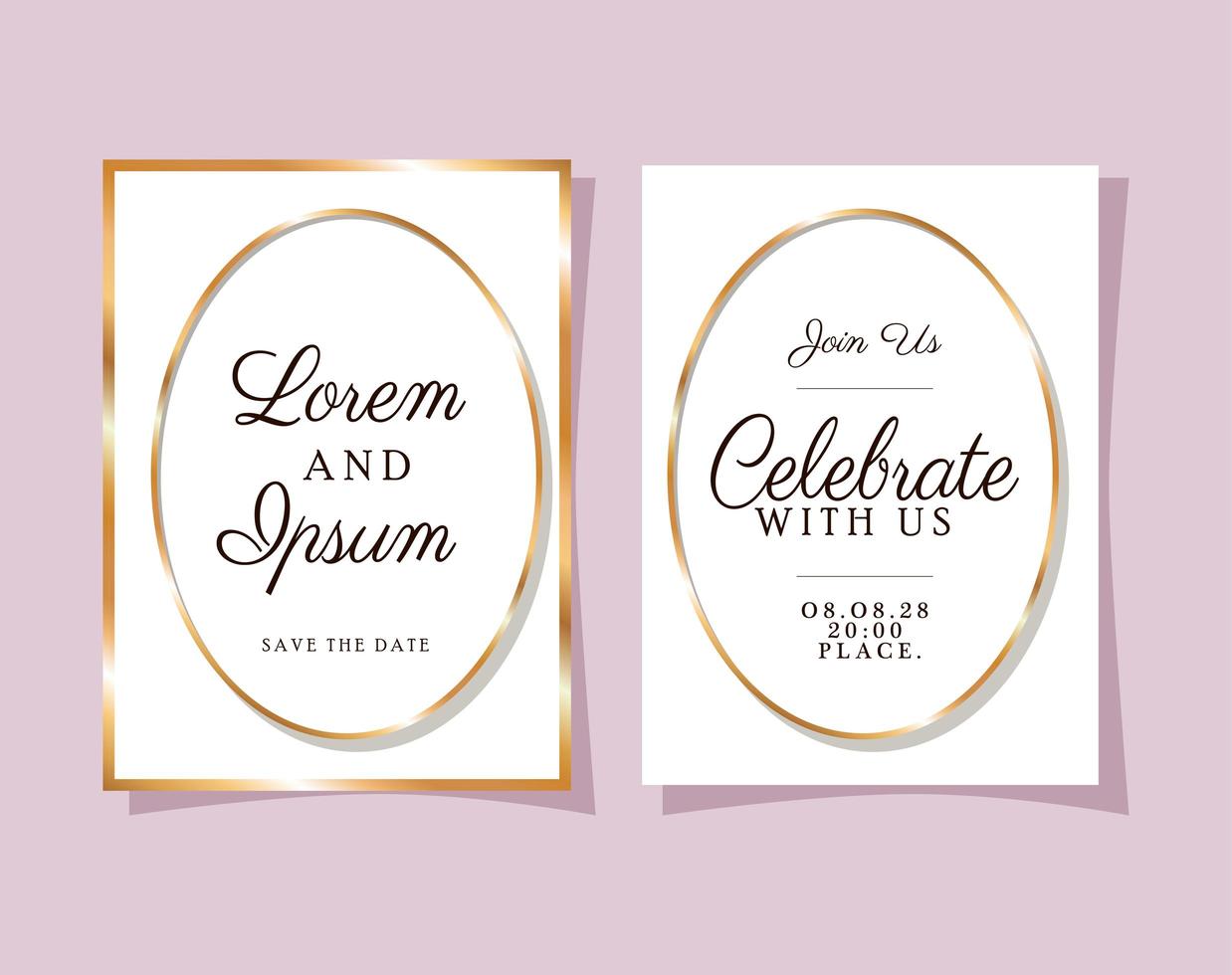 Two wedding invitations with gold frames vector design