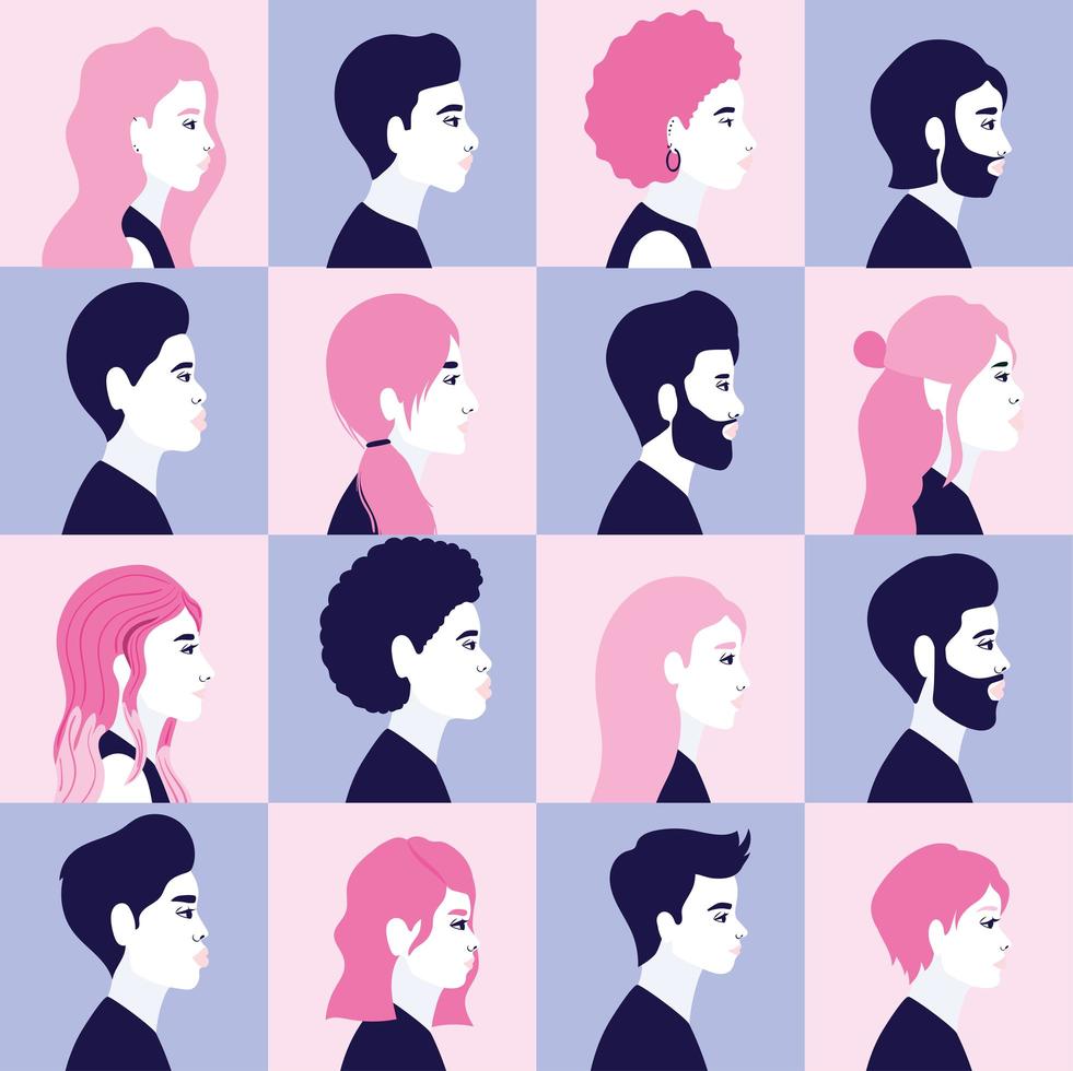 Perfiles de personas diversas en marcos multicolores. vector