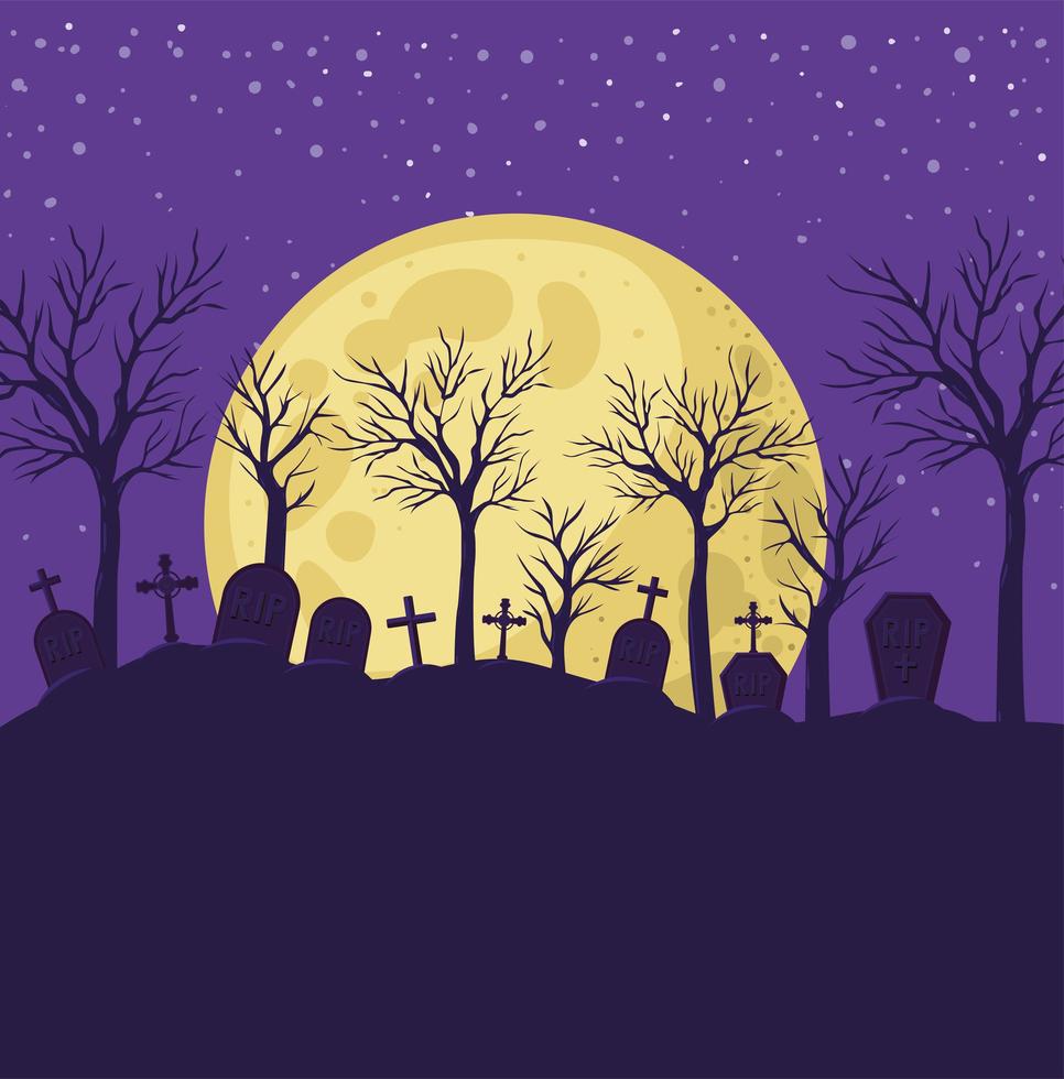 Halloween background with cemetery scene at night vector
